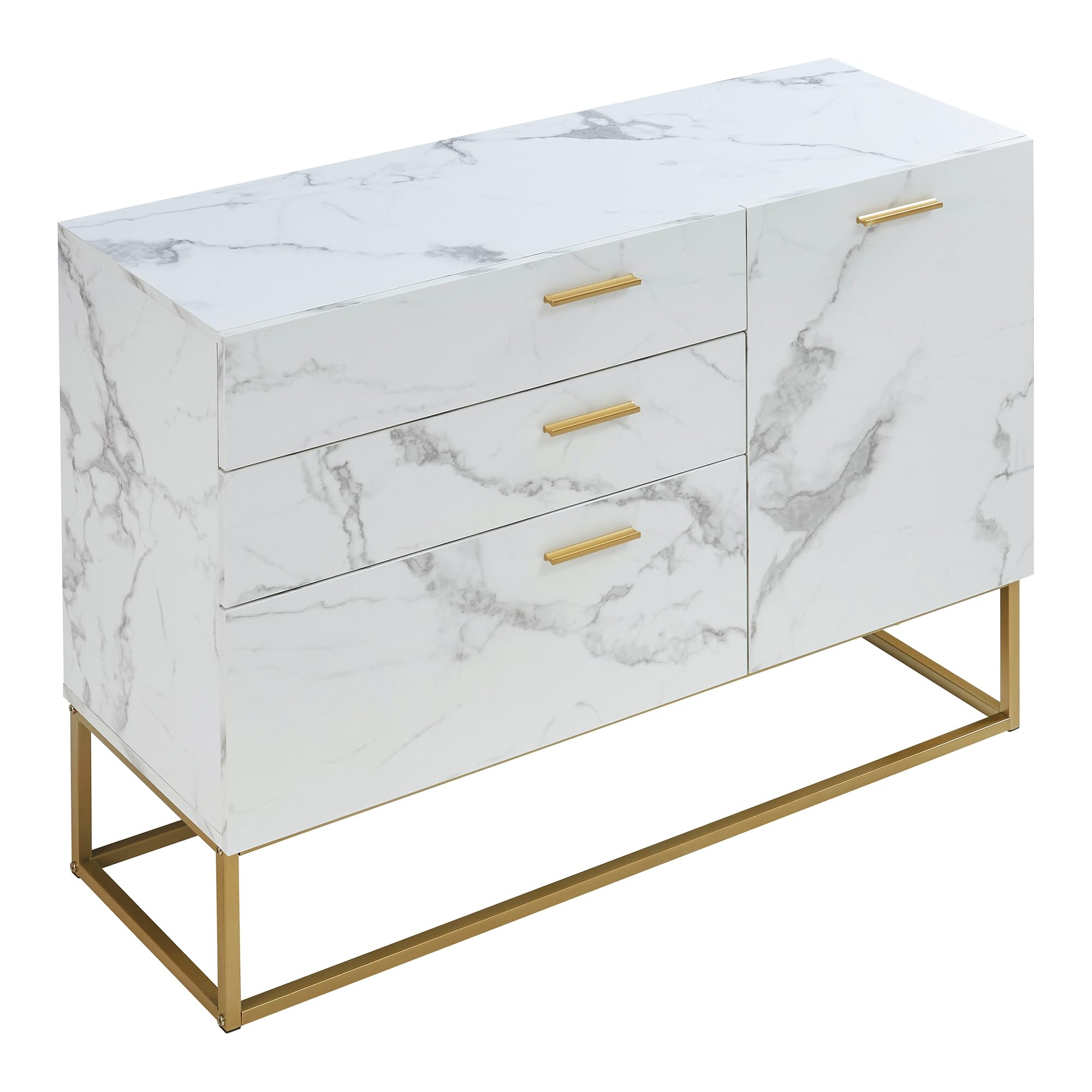 [en.casa] Comò con Anta e 3 Cassetti Armadio Basso Mobile Contenitore per Soggiorno Ingresso con Telaio in Metallo 75 x 100 x 35 cm Dorato/Effetto Marmo Bianco