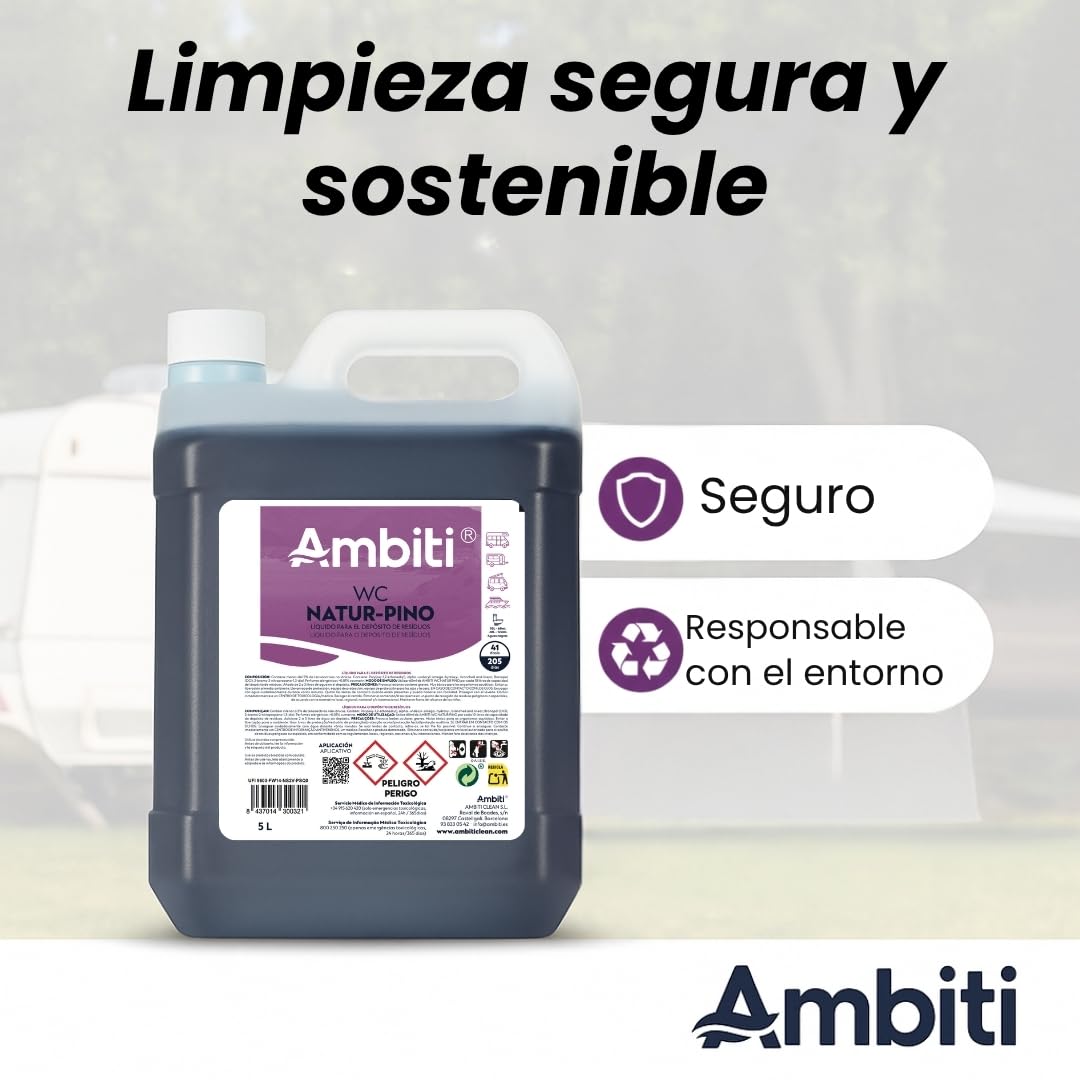 Ambiti | Natur Pino 5L | Aditivo para Depósito de Residuos Aguas Negras | Inodoros Portátiles de Autocaravanas, Caravanas y Barcos | Elimina Olores,residuos y Desinfecta | Fragancia a Pino