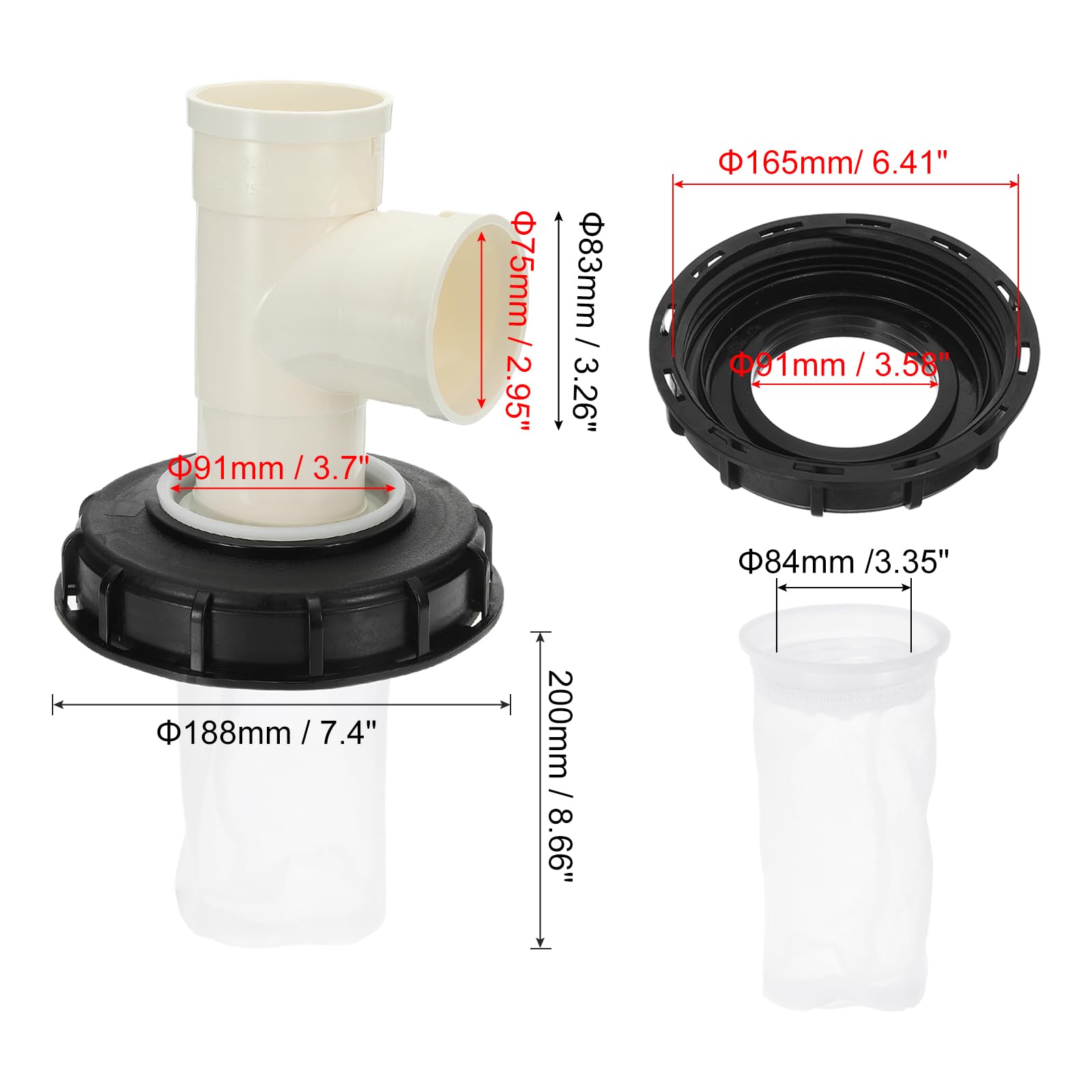 QUARKZMAN 163mm Tapa de Filtro de IBC, Adaptador de Manguera de Tote IBC de Plástico de 3 Vía para Contenedor de Tanque de Agua de Lluvia de 1000L para Tanque de Agua de 275gal, Negro/Blanco