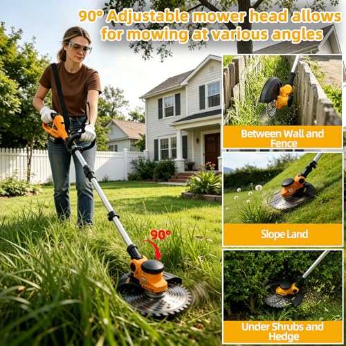 Image of 4 in 1 Electric Weed Eater, Cordless Weed Wacker with Wheels, 2x4.0AH Batteries, 20000RPM Brushless Motor, 90 Adjustable Head, Lightweight Grass Trimmer /Brush Cutter /String Trimmer for Garden Yard