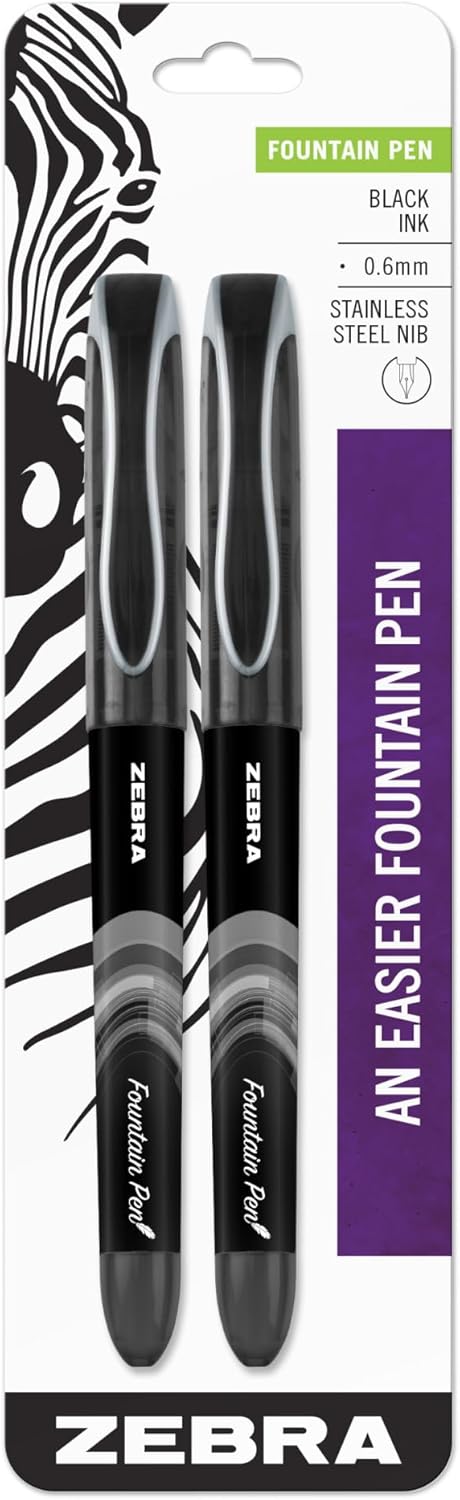 Zebra Pen Fountain Pen Set, Fine Point 0.6mm, Black Non-Toxic Ink, Stainless Steel Nib, Disposable, 2-Pack (48312)