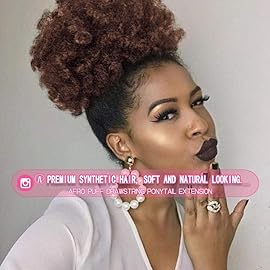 rosmile Afro Puff Drawstring Ponytail Extension for Black Women, Premium Deep Brown 33 80 Gram Short Synthetic Afro Puff Ponytail for Natural Hair, Clip On Kinky Drawstring Curly Ponytail Bun