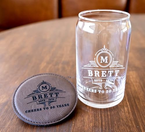 Vaso de cerveza grabado personalizado de 16 onzas con posavasos a juego, tu grabado personalizado para cumpleaños