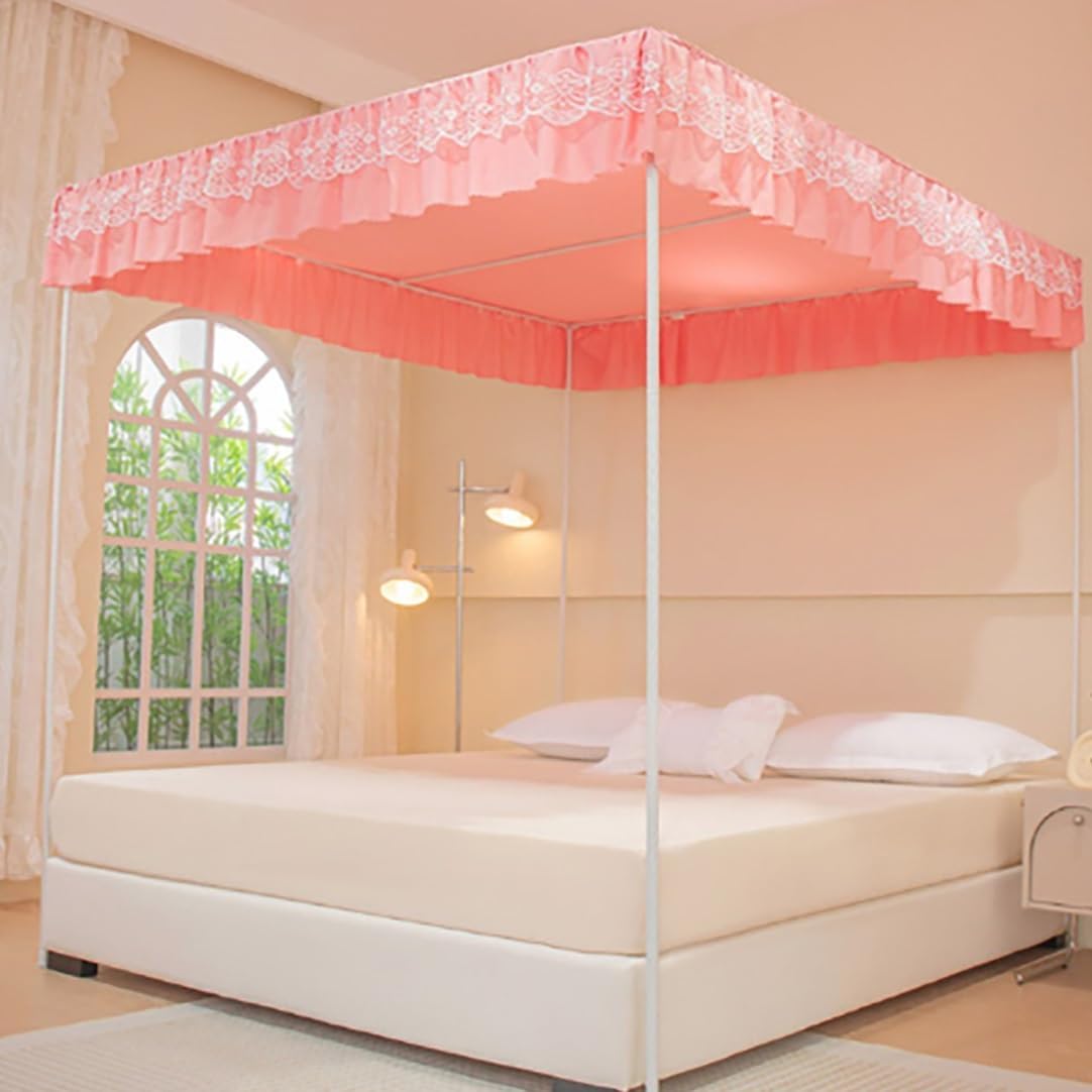 Elegant Double Layer Cozy Drape Netting Bed Curtain,4 Corners Post Solid Color Bed Canopy Curtain,Thickened Steel Pipe Bracket,for Girls' Adult Bedroom Decor(E)