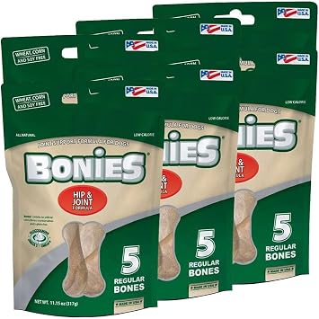 تركيبة طبيعية للورك والمفاصل من BONIES، عظام كبيرة الحجم، جلوكوزامين وأحماض أوميجا الدهنية، نفس منعش، أسنان نظيفة، سعرات حرارية منخفضة، نكهة الدجاج، 30 عظمة