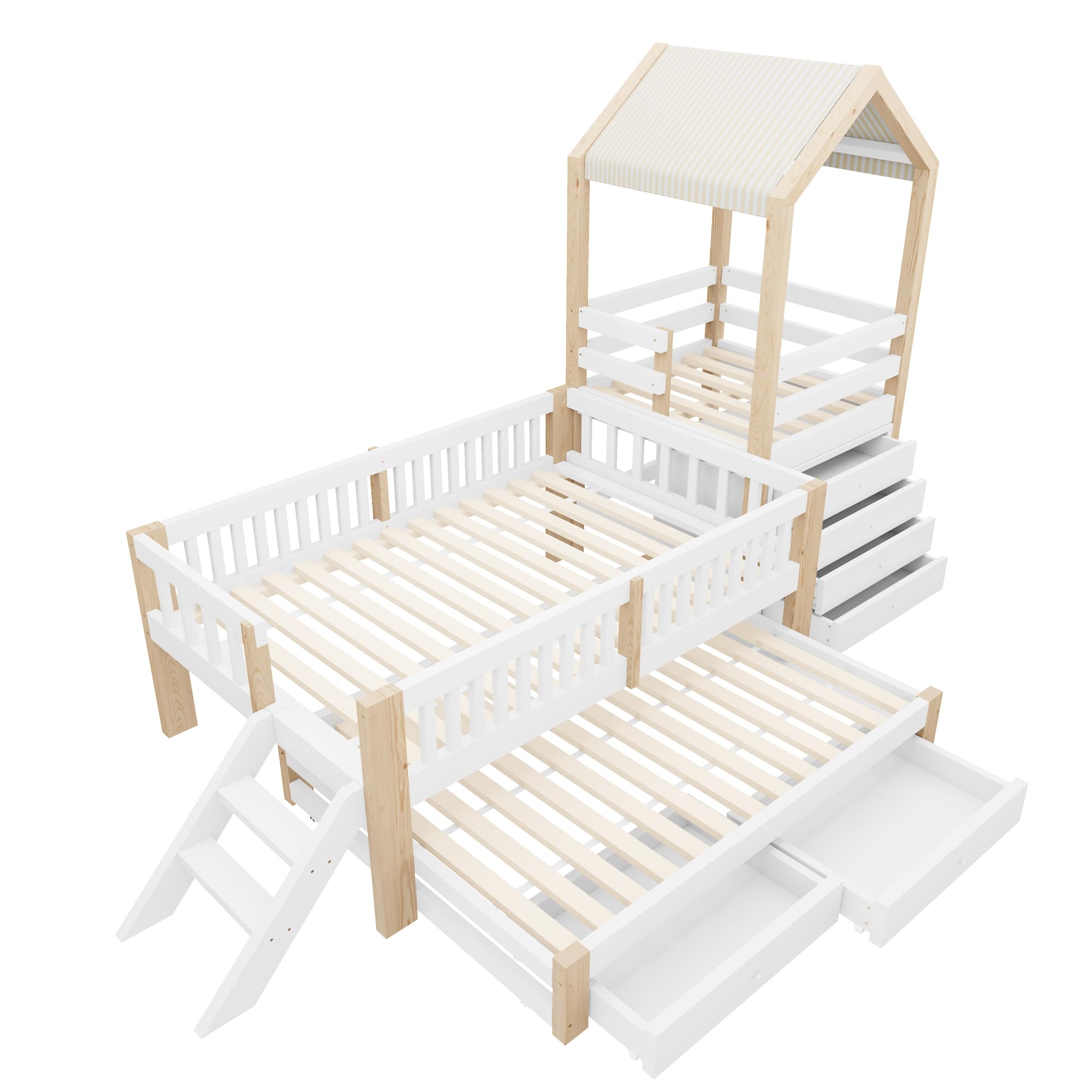 Letto Montessori 90x200 con Letto Estraibile 90x190 cm e 2 Cassetti (Bianco+Naturale-1)