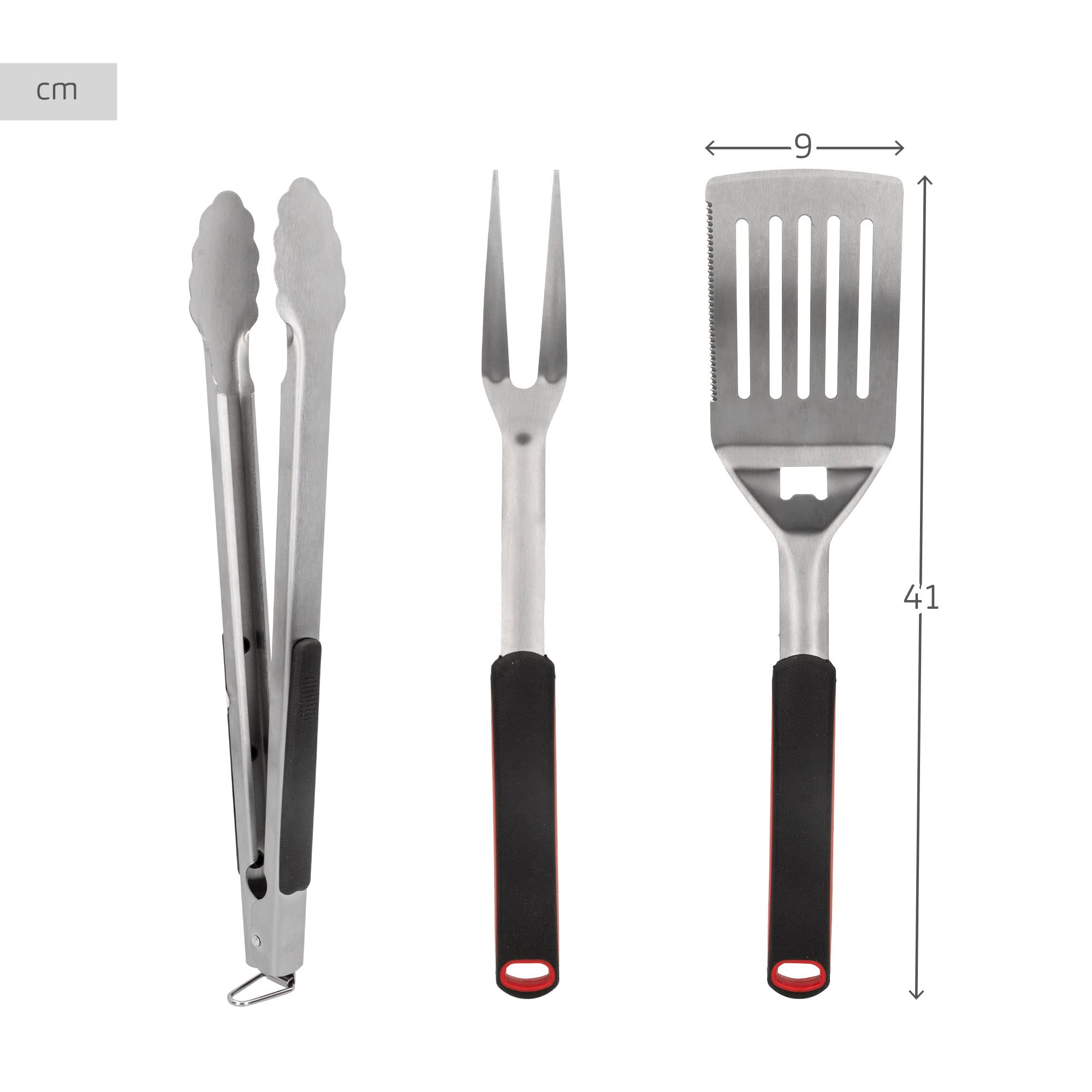 AKTIVE 63009 Ensemble d'Accessoires pour Barbecue 3 Pièces, Pinces, Spatule et Fourchette