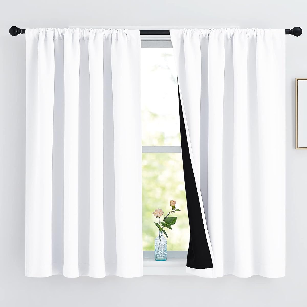 White Blackout Curtains 52 x 54 inches Long 2 Panels for Bedroom | Thermal Insulated, Living Room Darkening Rod Pocket Short Drapes for Small Window, 100% Blackout, Noise Reducing, Kitchen