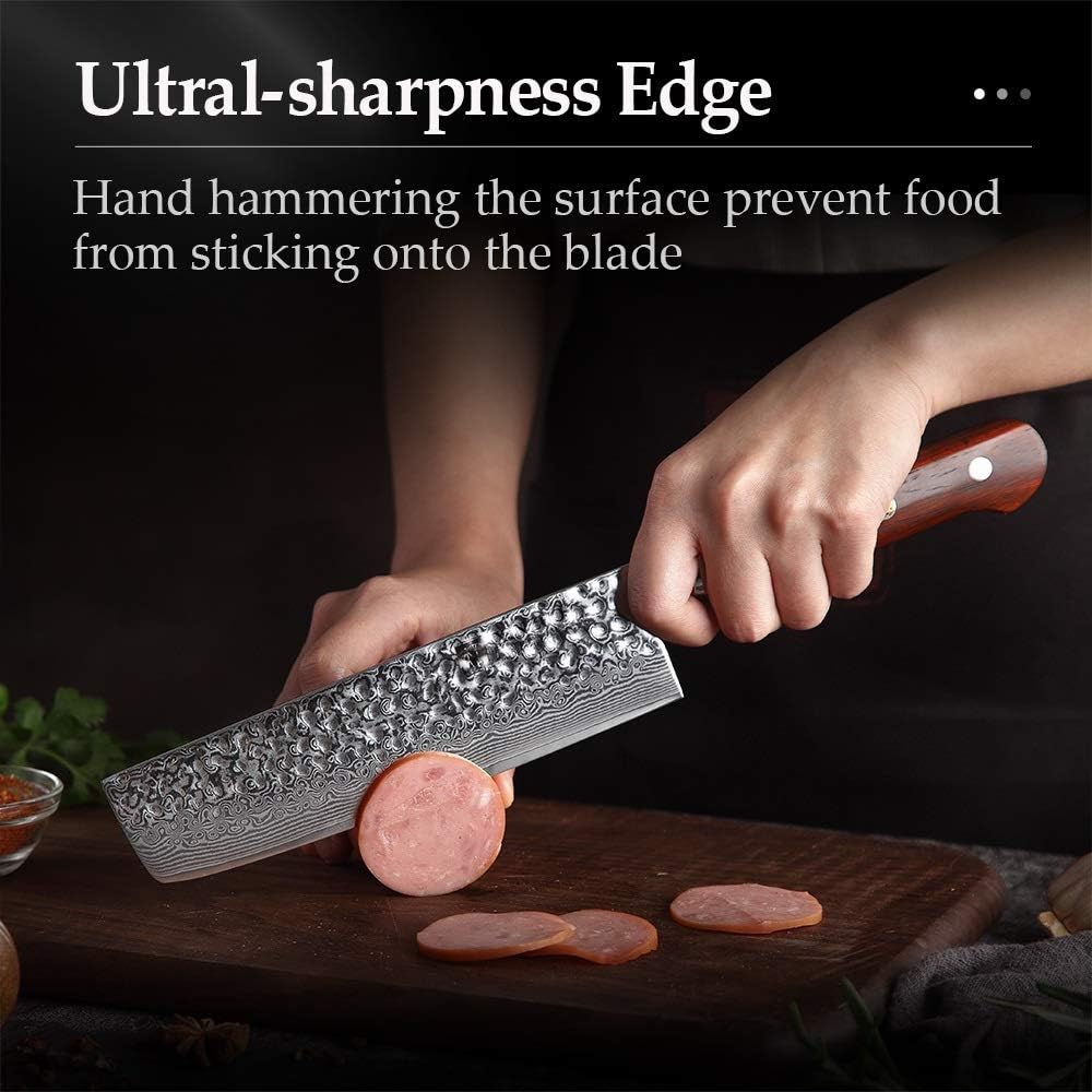 Meat Cleaver Knife, 7 inch Nakiri Knife Damascus Steel Stainlesss Steel Chinese Kitchen Knife Cleaver Cutting Meat Knife with Rosewood Handle