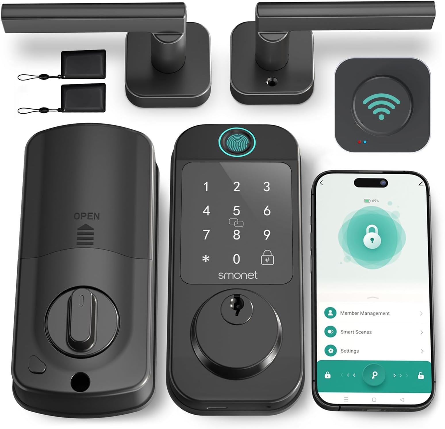 Keyless Door Lock with Handle Set - WiFi Fingerprint Smart Locks for Front Door, App Remote Control, Digital Bluetooth Keypad Deadbolt Lock Set with Alexa, Auto Lock, Code, Fobs for Home Black