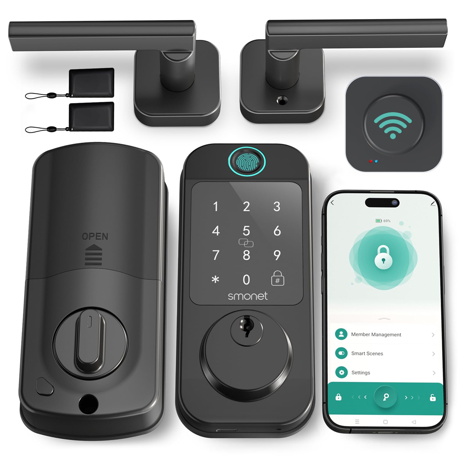 Keyless Door Lock with Handle Set - SMONET WiFi Fingerprint Smart Locks for Front Door, App Remote Control, Digital Bluetooth Keypad Deadbolt Set with Alexa, Auto Lock, Code, Fobs for Home Black