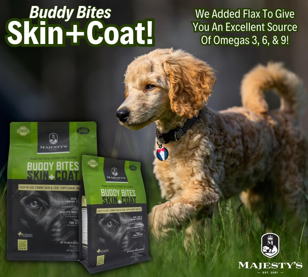 Majesty's Buddy Bites Skin and Coat Wafers for All Dogs - Superior Skin, Coat, and Immune Support Supplement - Peanut Butter and Coconut Oil Flavored - 2 Pack (112 Count Total)