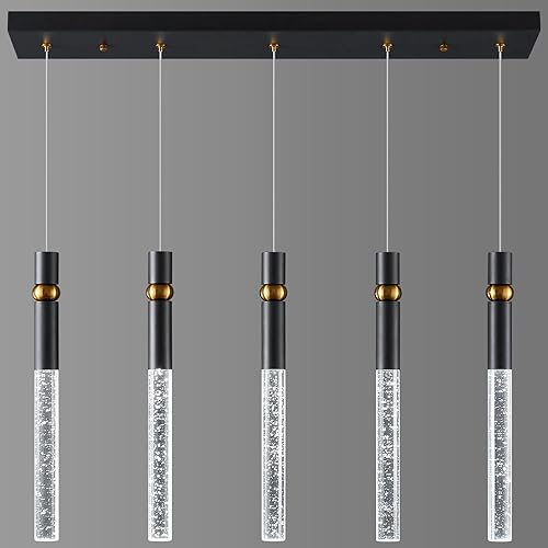 LMQNINE Lámpara colgante de 5 lámparas de comedor regulables LED moderna de isla de cocina negra con cristal de burbujas para cocina, isla,