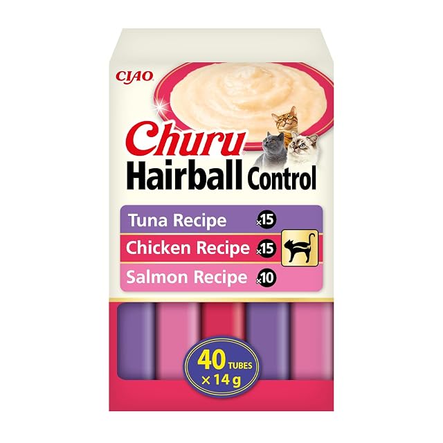 INABA Churu Hairball Control, Snack Cremoso para Gatos contra Las Bolas de Pelo, con Atún, Pollo y Salmón