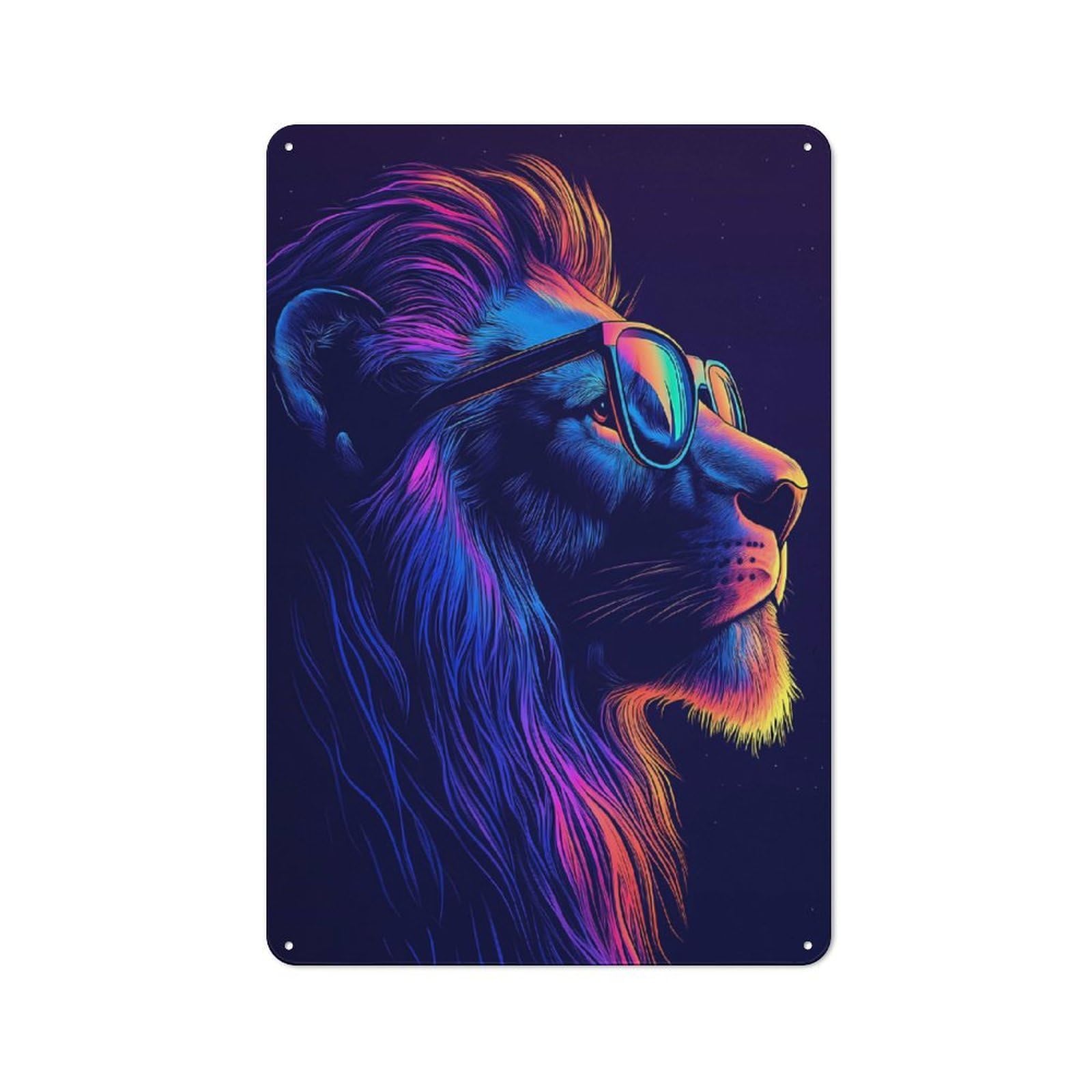 Junmoney Neon Lion With Sunglasses Metal Wall Sign 30X20cm, Rustic Decor For Garage Wall, For People Furnishing A Garage