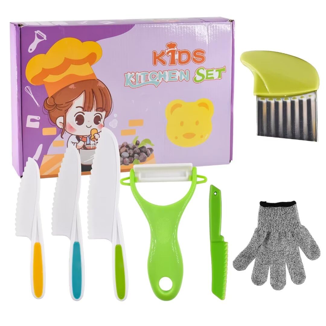 7PCS Montessori Cooking Tools for Kids, Safe Kids Knife Kitchen Set Real Cooking with Gloves, Gifts for 2-12 Year Old Girls Boys Birthday Christmas