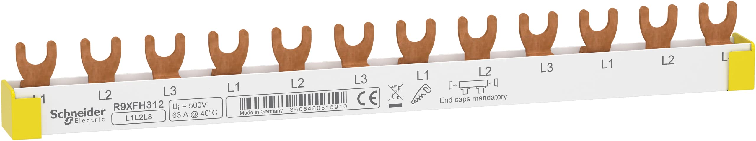 Schneider Electric Phasenschiene Gabel Resi9, 3-polig, 12TE, 63A, kürzbar, Artikelnummer R9XFH312, 1 Stück