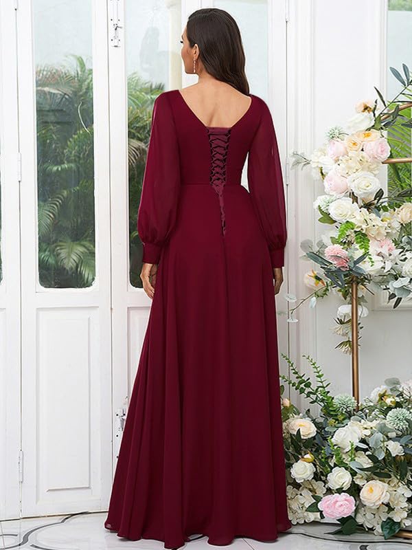 Long Bridesmaid Dresses with Slit A Line Floor Length V Neck Long Sleeve Chiffon Wedding Guest Dresses for Women4