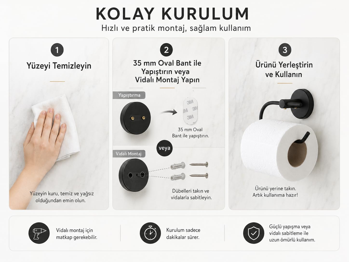 Lotus Siyah Açık Tuvalet Kağıtlığı, Yapışkanlı ve Vidalı Montajlı Tuvalet Kağıdı Askısı, Mat Siyah Statik Boyama, 35 mm Oval Bantlı Banyo Aksesuarı