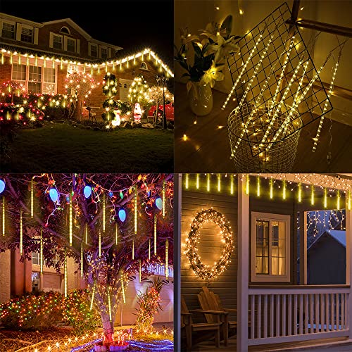 Christmas Lights Outdoor, Meteor Shower Lights Falling Star Lights 16 Inch 8 Tubes 256 Led Icicle Snow Falling Lights Raindrop Lights For Xmas Tree Holiday Party Decoration, Ul Plug, Warm White #TOP1
