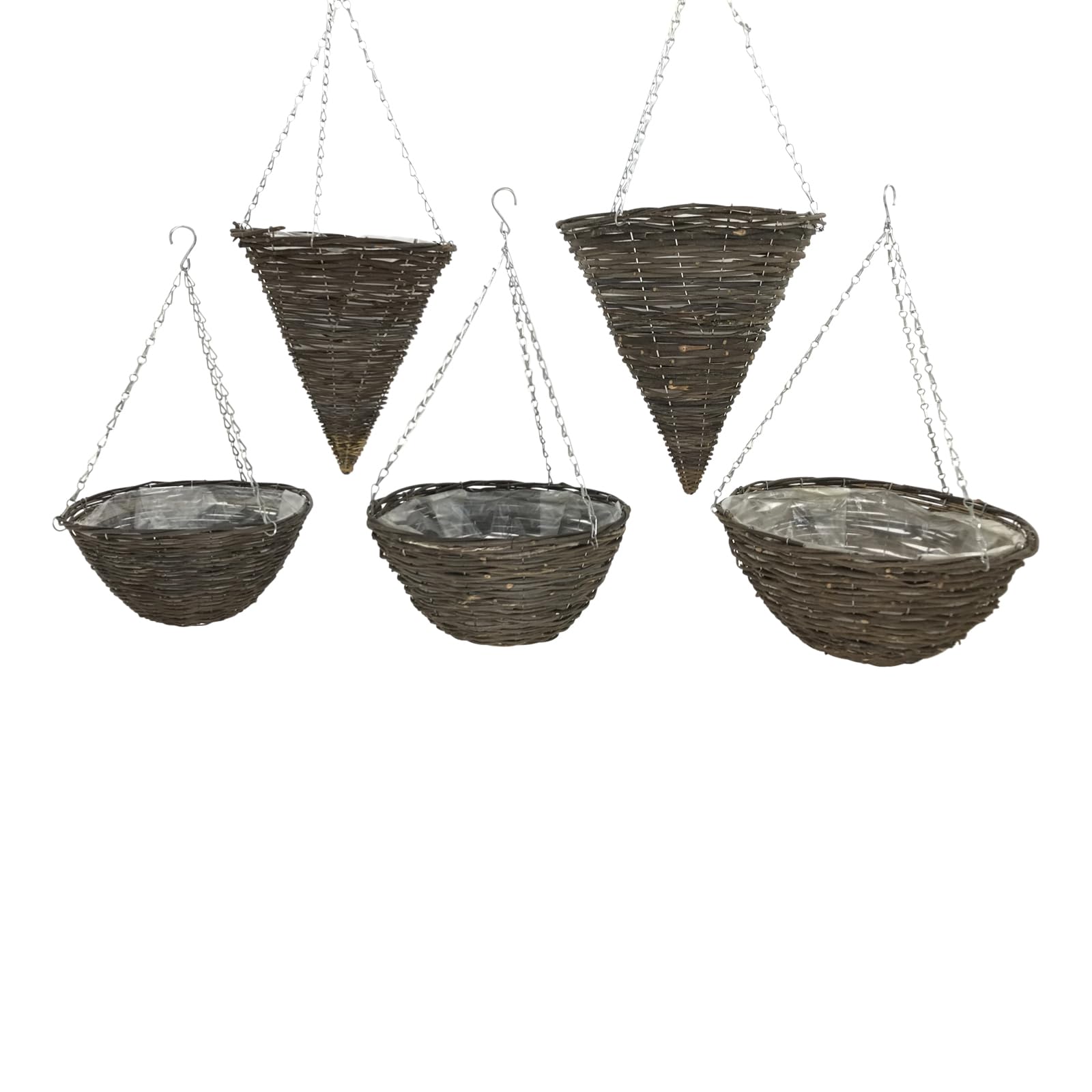 Oakland Gardens Rattan Hanging Baskets 12" 14" 16" 18" Lined Planter With Wire Chain Round Coned (12" Round Rattan Baskets x 5)