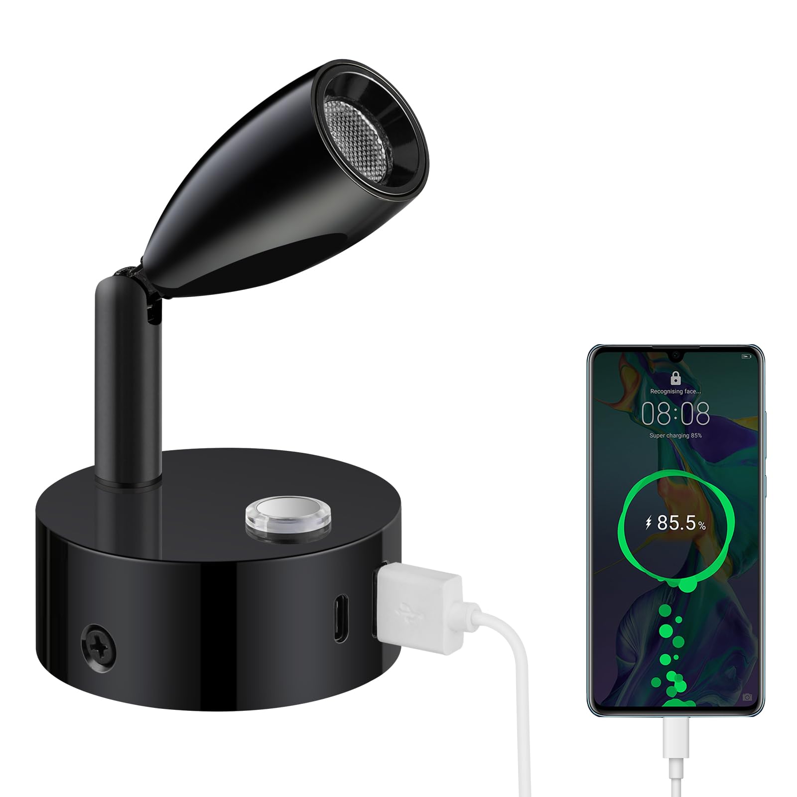 ERWEY LED Leselampe 12V Wohnmobil Touch Dimmbar 3 Farbtemperatur Modi, Wandlampe mit Ladefunktion USB A+C-Anschlüssen, DC 12V-24V Spot Innenbeleuchtung für Boot Auto Camper Van Yacht, Schwarz