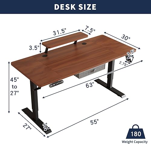 Miniatura 2 de Escritorio eléctrico de pie con cajón, escritorio de pie ajustable de altura de 63 x 30 pulgadas con estante de almacenamiento, escritorio de
