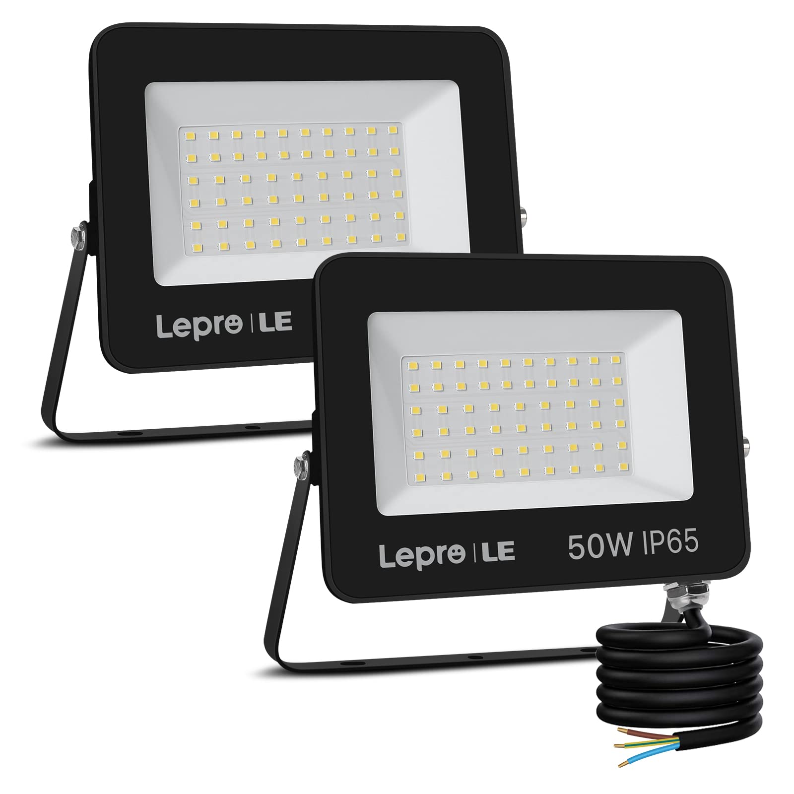 Lepro 50W LED Strahler Außen, 4250LM Superhell Außenstrahler IP65 Wasserdicht Fluter 5000K Scheinwerfer, Flutlicht Aussenleuchte für Garten, Garage, Hotel, Sportplatz, Keine Bewegungsmelder[2 Stücke]