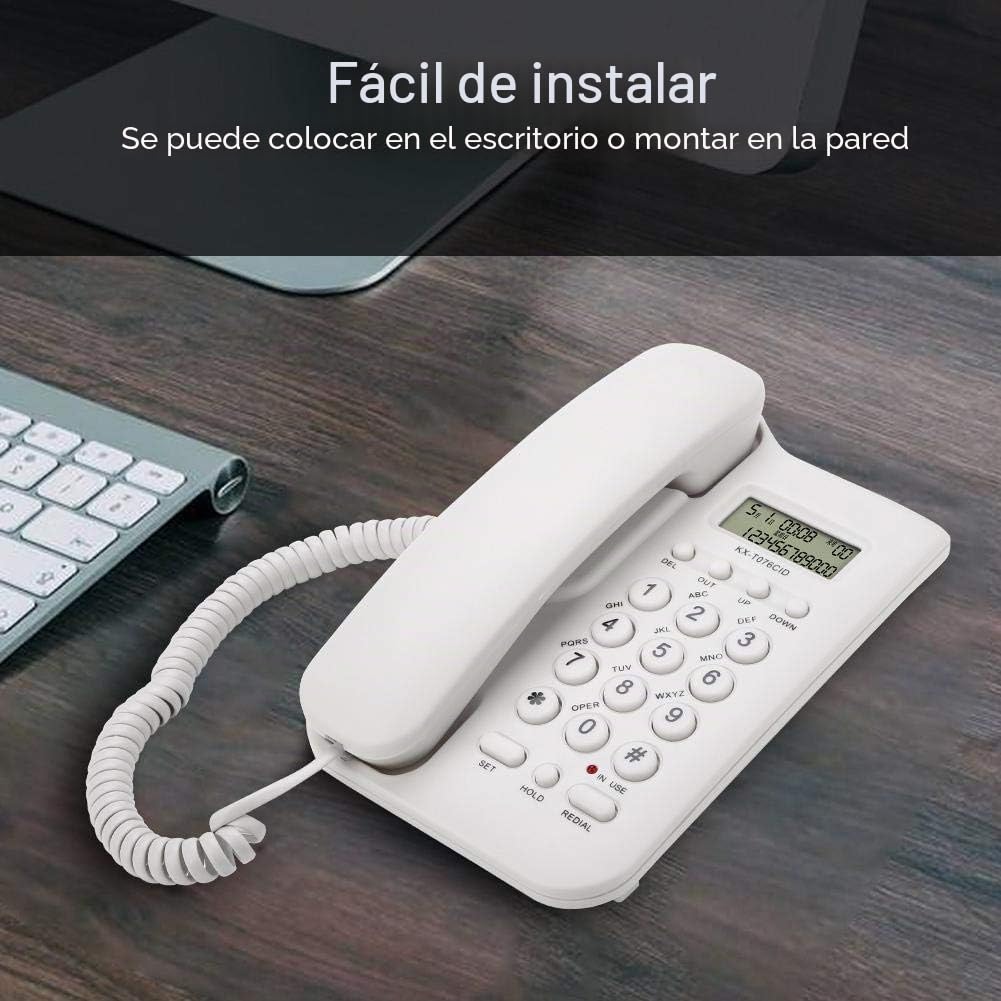 Teléfono con cable, cable con cable, teléfono fijo de escritorio, teléfono de pared con pantalla de llamadas, cable elástico para el hogar, oficina y hotel, (blanco)