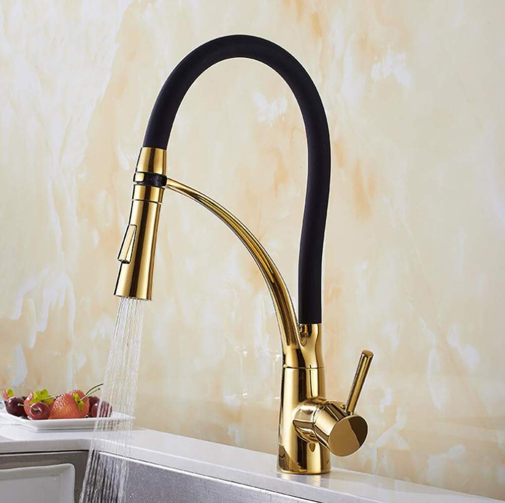 Miscelatore da cucina allungabile in oro e nero con doccetta estraibile, rubinetto da cucina monocomando girevole a 360° in ottone