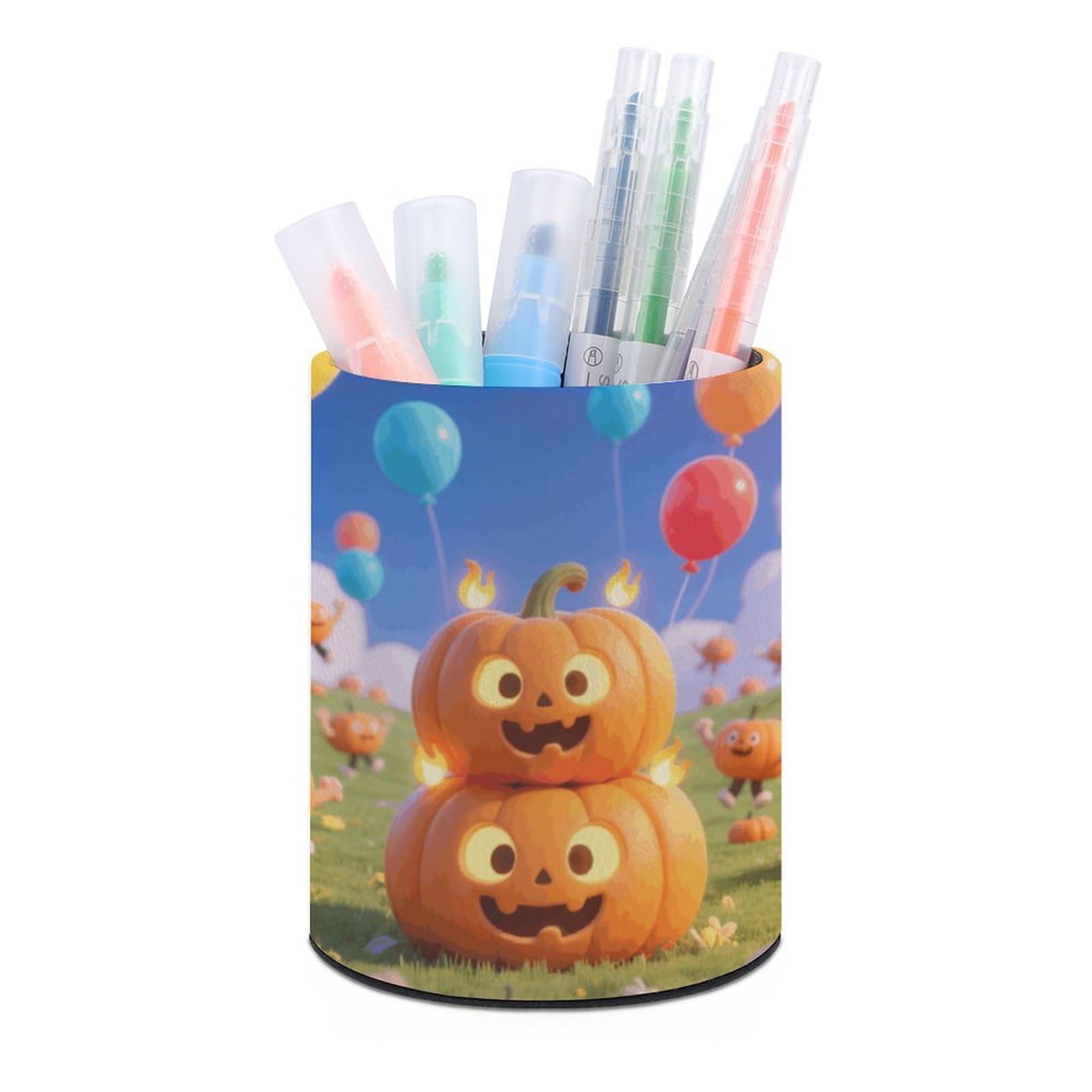 DWVTSLH Aesthetic Pen Holder for Desk - Modern Leather Pencil Holder - Stylish Round Makeup Brush Holder - Fall Pumpkin Patch Pen Cup Cute And Functional Desk Organizer for Office Supplies