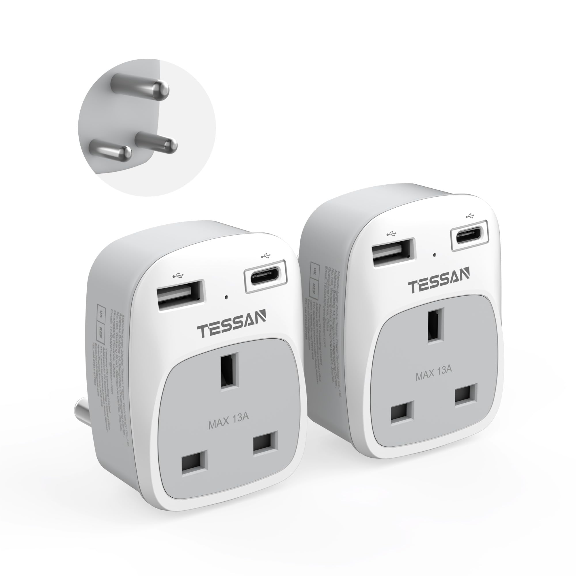 TESSAN UK to South Africa Plug Adapter, Type M Travel Adapter with USB C