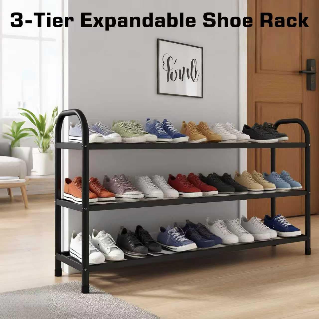 HESPULA 3-Tier Shoe Rack，Stainless Steel Shoe Organizer Storage Shelf，No Tools Required Hand-Tightened Screws，Space Saving for Entryway，Closet，Garage (Black)
