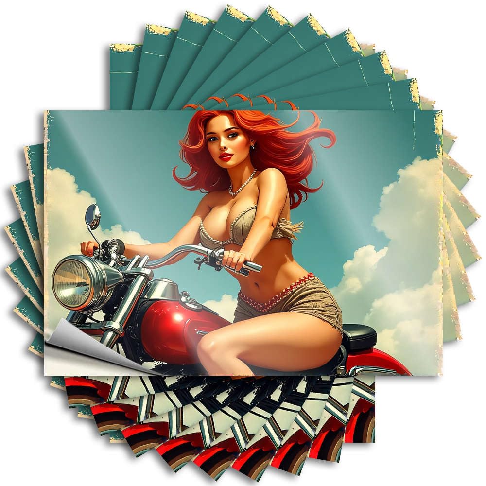 Fzfn Men's Colour Bumper Winter Back Yard Decorations Tumbler A Woman With Red Hair Rides A Classic Motorcycle Against A Backdrop - No Residue Decals For Friends(8X12cm)