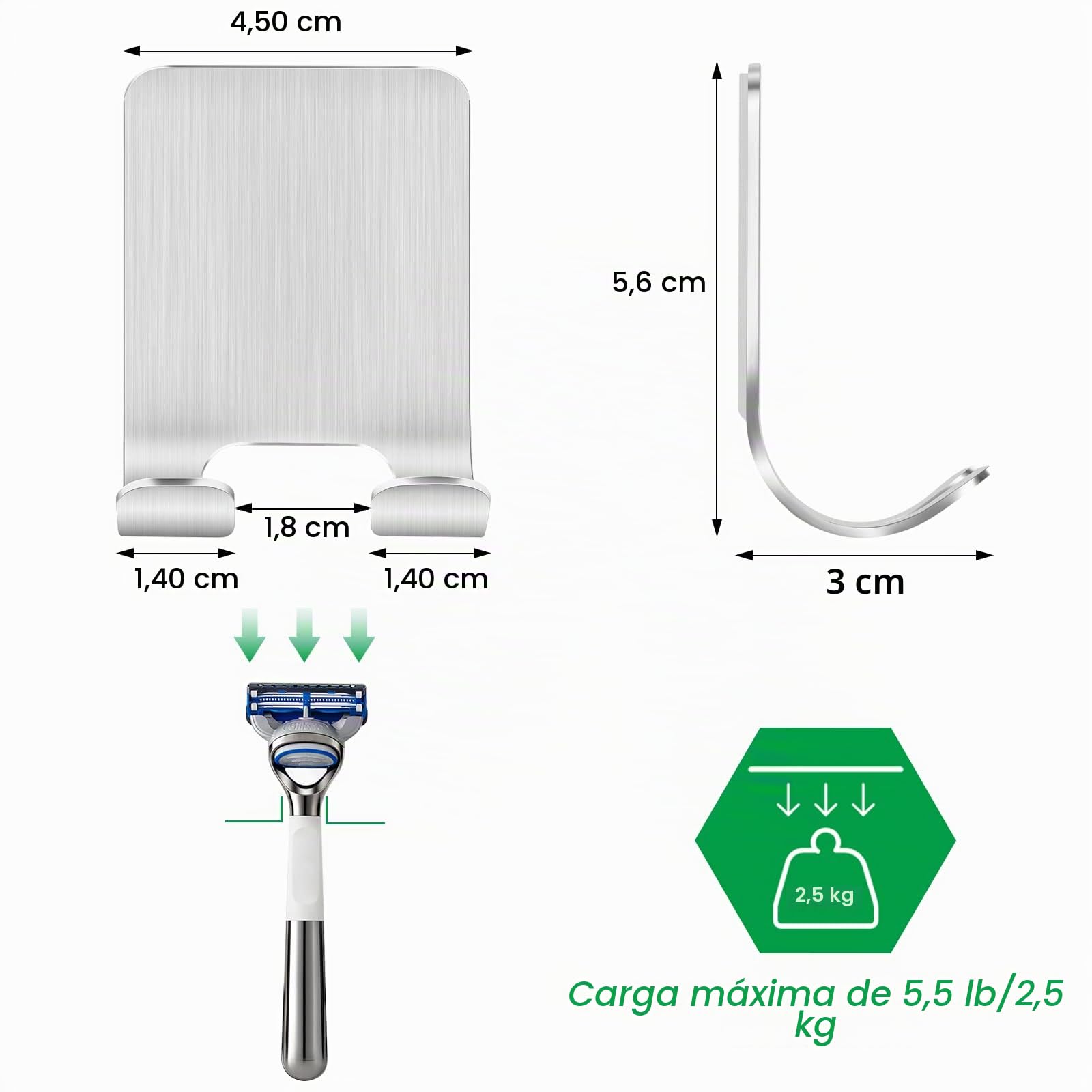Bolatus 2 unidades de soporte para afeitadora de ducha, gancho autoadhesivo, soporte de afeitado para ducha, acero inoxidable, gancho para toalla, gancho para toallas sin taladrar, ganchos de pared