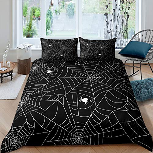 Loussiesd Boys Spider Web Bedding Set for Kids Children Halloween Themed Comforter Cover Decorative Scary Spider Pattern Duvet Cover Black White Animal Theme Bedspread Double Size 3Pcs Bedclothes