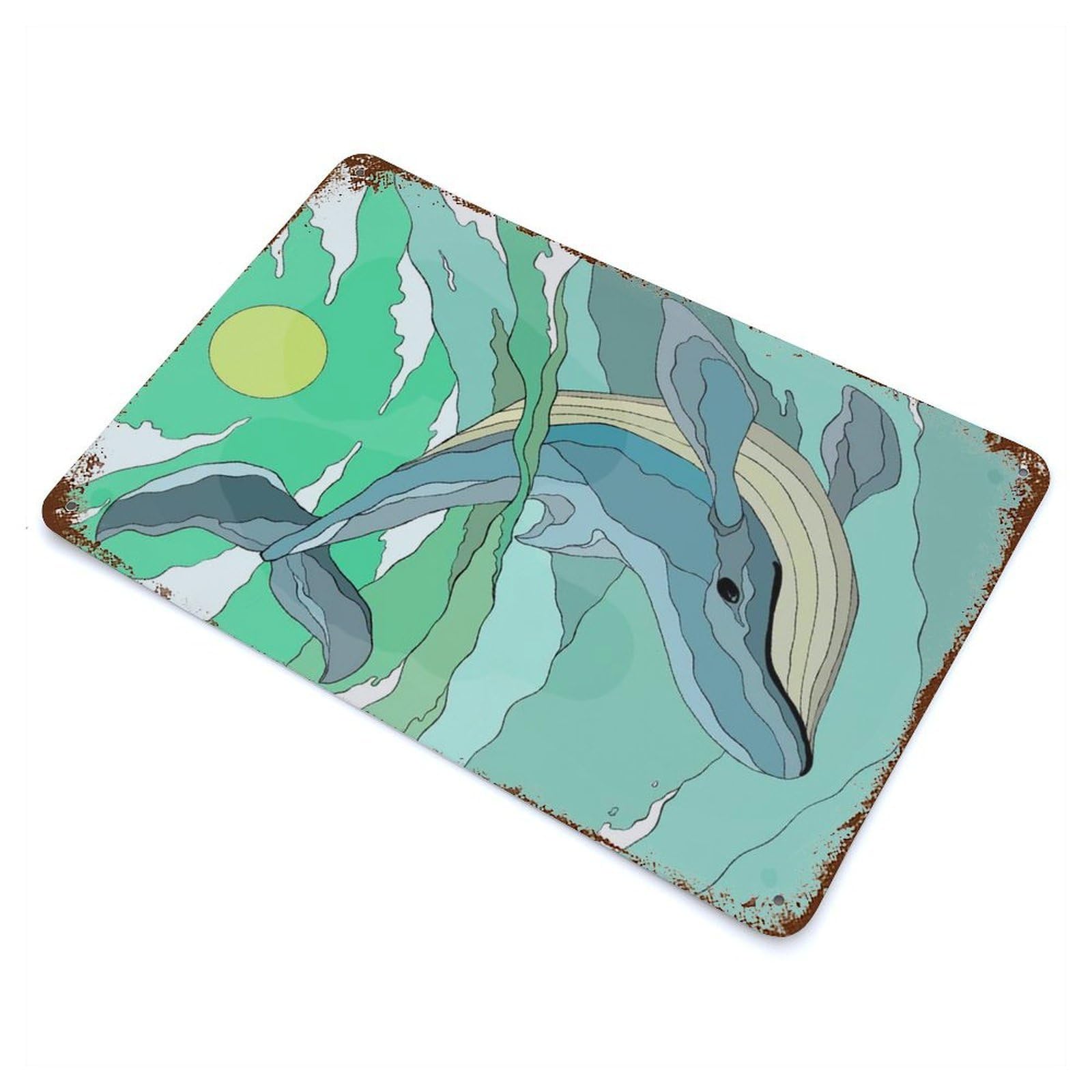 Aged Metal Wall Plaque with Life Whale Design 11.8"x7.9", for Pub, Kitchen And Man Cave Decor, Shabby Chic Decor