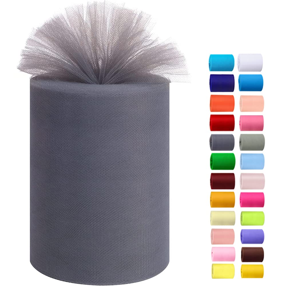 Tulle Rolls 6” by 100 Yards (300 feet) Tulle Roll Spool Fabric for DIY Tutu Skirts Wedding Baby Shower Crafts Decorations Party Supplies (Grey)