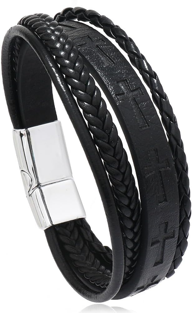 Mens Leather Cross Bracelet Multi-Layer Braided Faith Bracelet Religious Wristband Father's Day 8.5" Memory Bangle with Stainless Steel Buckle