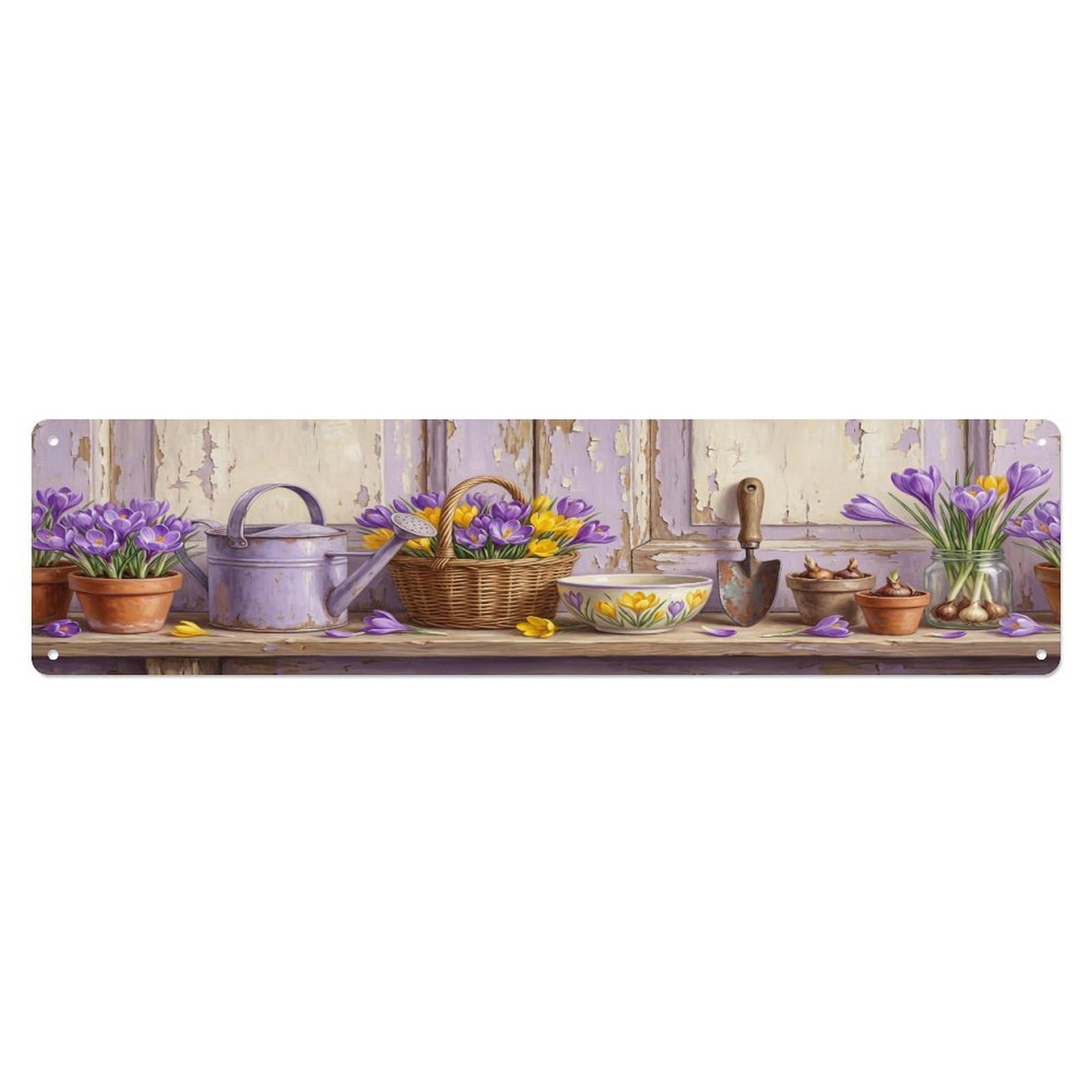 Floral Garden Tools Crocus Pot Pattern Print Metal Tin Sign