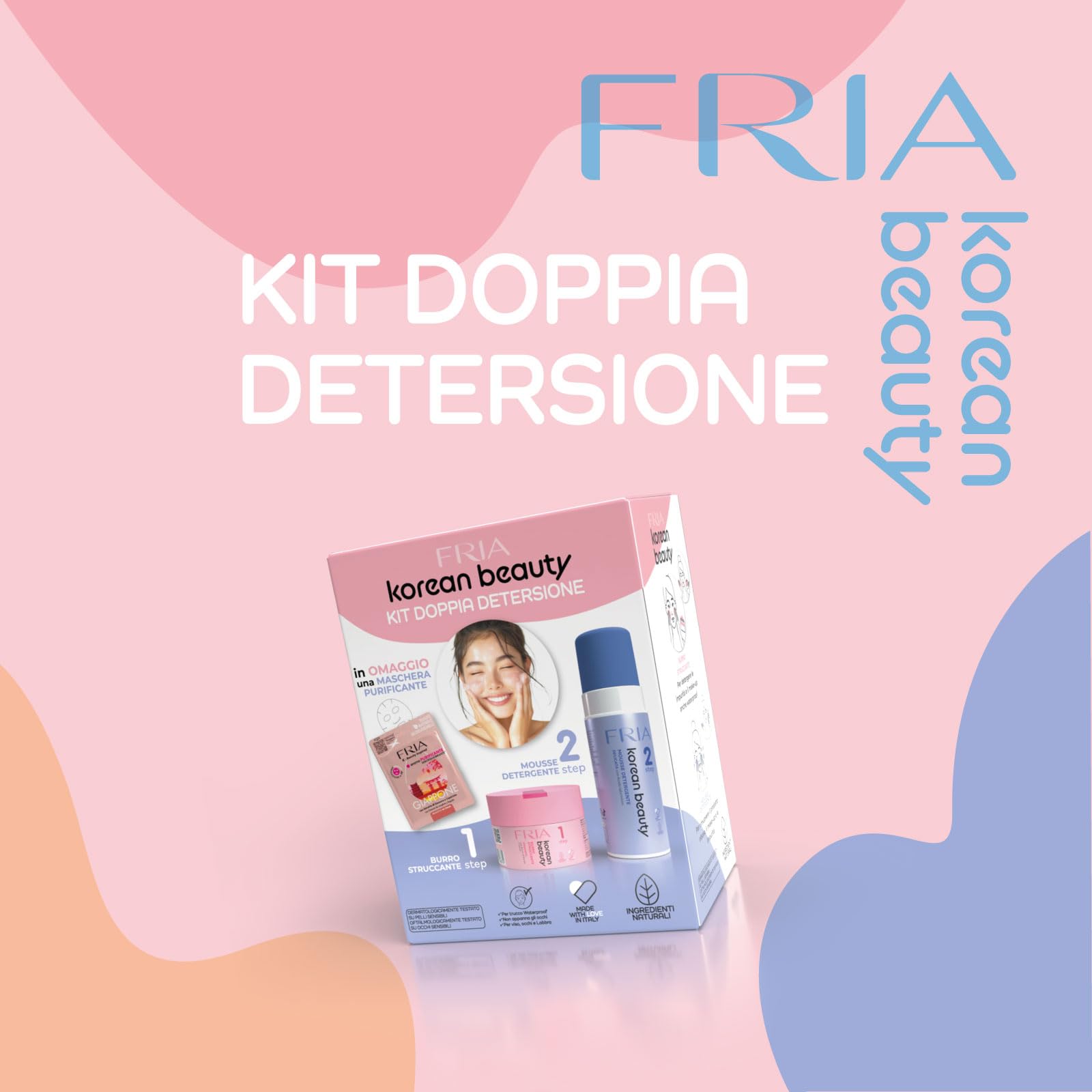Fria Korean Beauty Kit Doppia Detersione, Burro Struccante Idratante Korean Beauty + Mousse Detergente Delicata Korean Beauty + Maschera Viso Purificante Fria Giappone in Omaggio