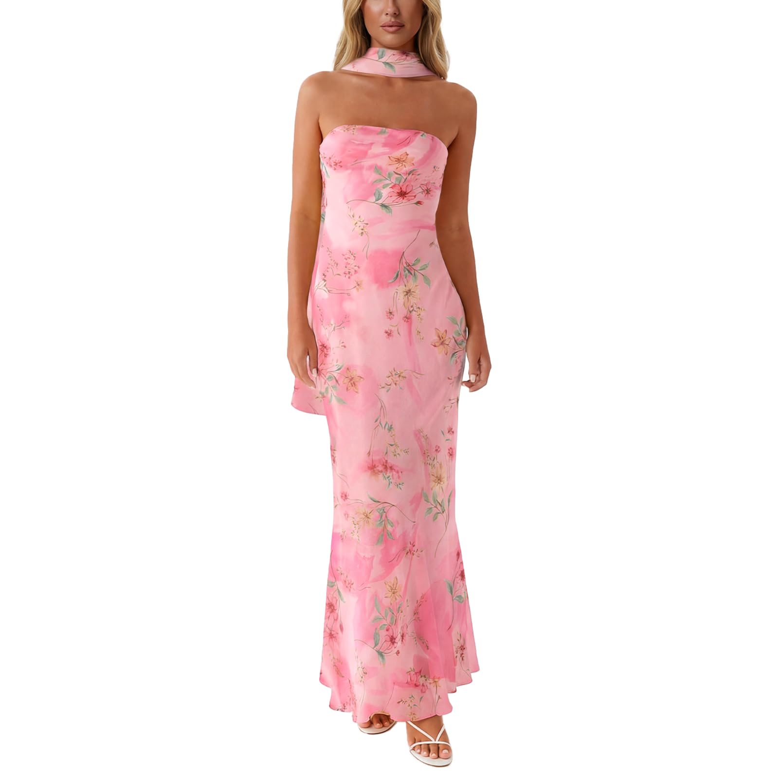 Women Floral Tube Maxi Dress With Scarf Summer Strapless Tube Bodycon Mesh Layer Cocktail Party Wedding Guest Dress