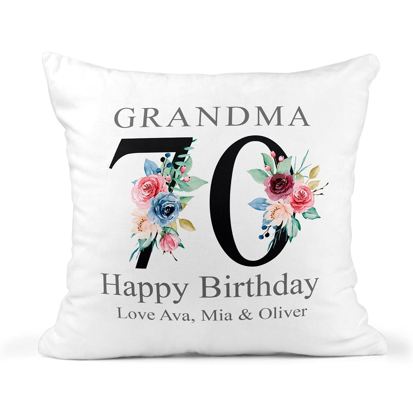 Personalised 70th Birthday Cushion - Floral 70 Number Design With Name And Message โ image 1