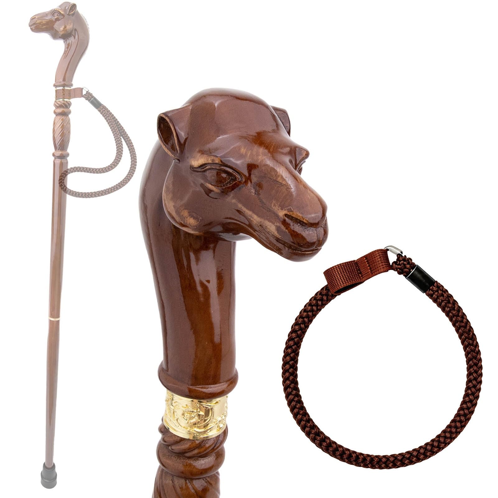 Drewniana Laska Z Paskami Na Nadgarstek, Elegancka, Ręcznie Rzeźbiona Drewniana Laska Z Głową Wielbłąda Dla Mężczyzn I Kobiet, 94,5 cm(Brown)