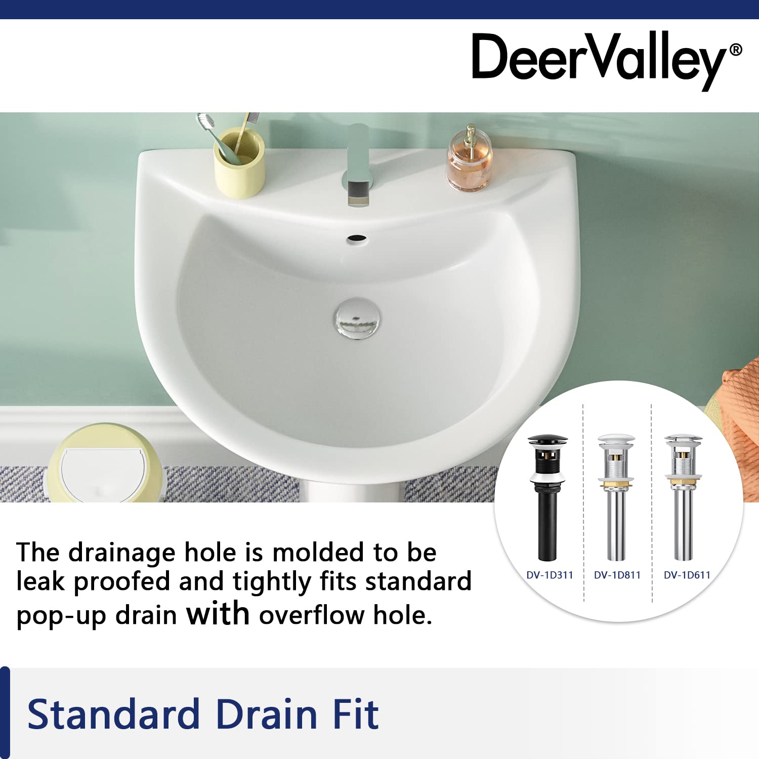 DeerValley Lavabo de pie Lavabo con Pedestal en Cerámica Blanco, con desbordamiento y agujero único preperforado(80 * 52 * 44cm)