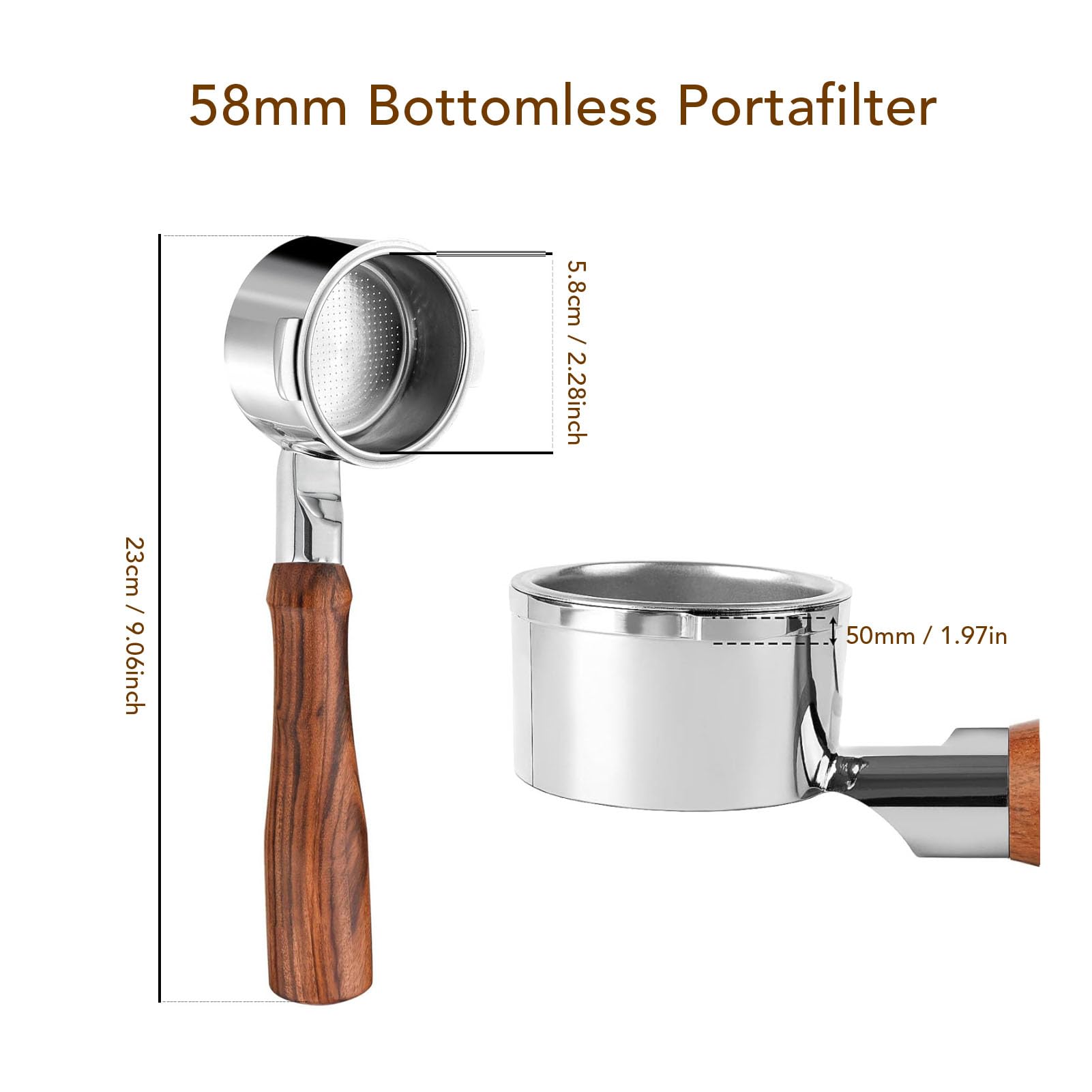 Portafiltro senza fondo da 58 mm adatto per macchina da caffè Petrus Portafiltro senza fondo per caffè in acciaio inossidabile Manico in legno a 3 orecchie
