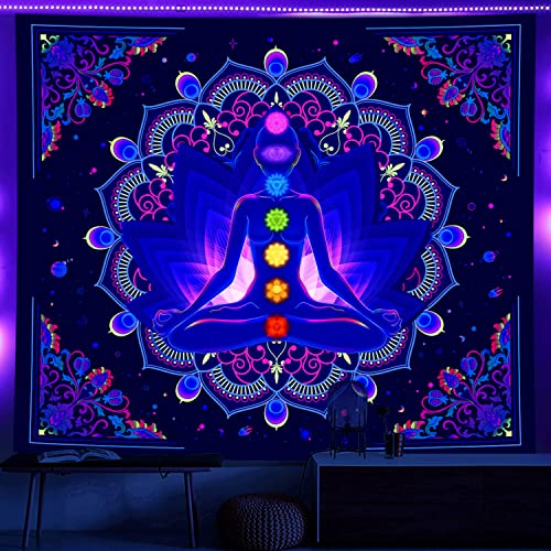 THXIY Schwarzlicht-Wandteppich, 7 Chakra, UV-Meditation, reaktives Schwarzlicht, Yoga, sieben Chakra-Wandteppich, Trippy-Wandteppich für Schlafzimmer, Wohnheim-Dekor (sieben Chakra, L 150xB 99.4 cm) Cover
