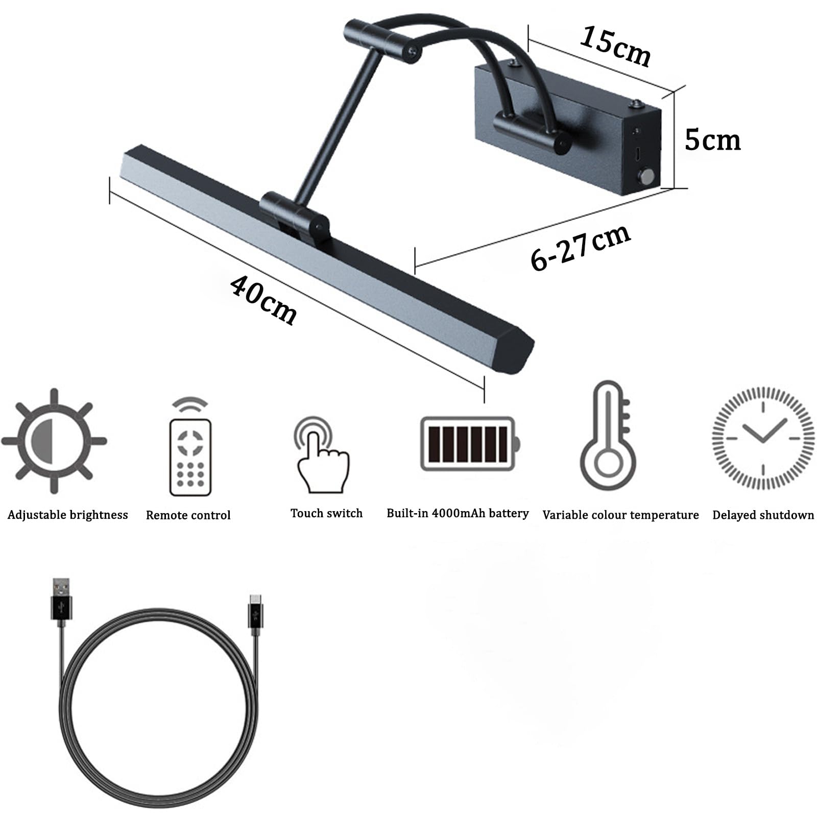 LED Lampada Specchio Bagno Ricaricabile Applique da Parete con Telecomando Dimmerabile Iluminazioni per Pareti Angolo Regolabile per Illuminare Quadri Soggiorno Trucco (Nero 40cm,2 Pezzi)