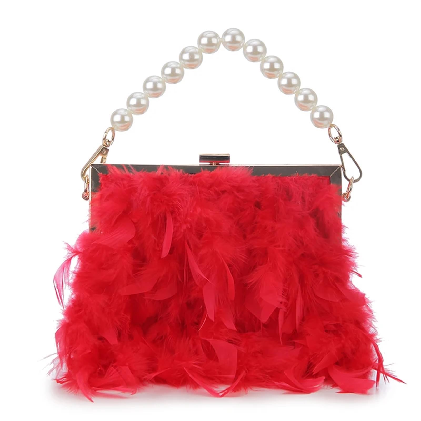 ZHYIHOUSA Feather Bag Feather Purses And Handbags For Women Party Evening Clutch Bag Shoulder Bag Pearl Chain Wedding Bag(Red)