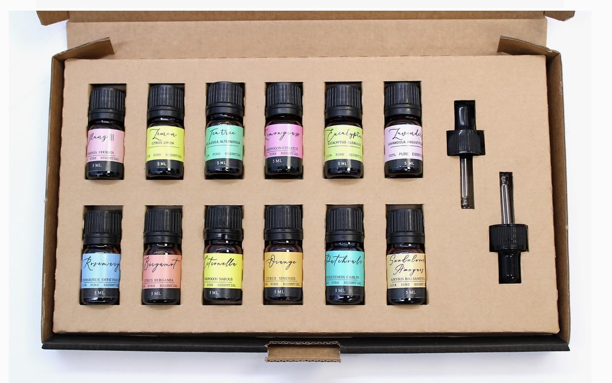 Aromatherapie-Set mit ätherischen Ölen – Die 12 besten ätherischen Öle für Raumdiffusoren und andere aromatherapeutische Vorteile. Rein veganes Geschenkset.